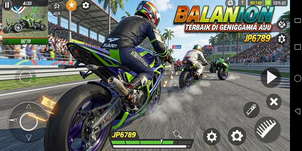 Screenshot gameplay JP6789 menampilkan aksi balapan motor yang mendebarkan.