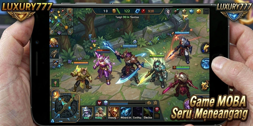 Screenshot gameplay LUXURY777 menampilkan aksi pertarungan MOBA yang mendebarkan.