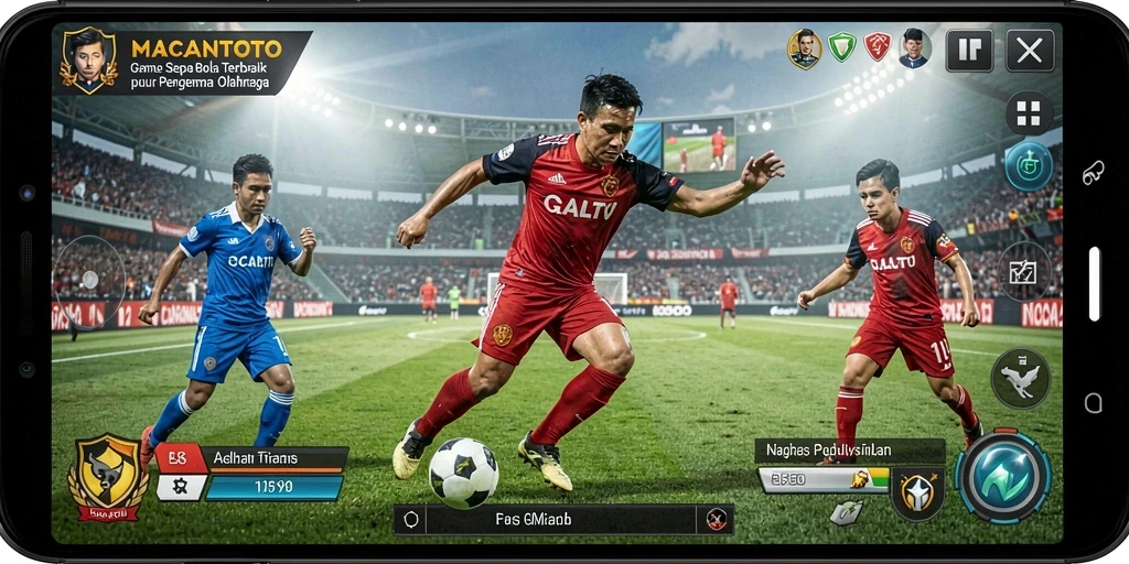 Screenshot menunjukkan aksi seru dalam permainan sepak bola di MACANTOTO.