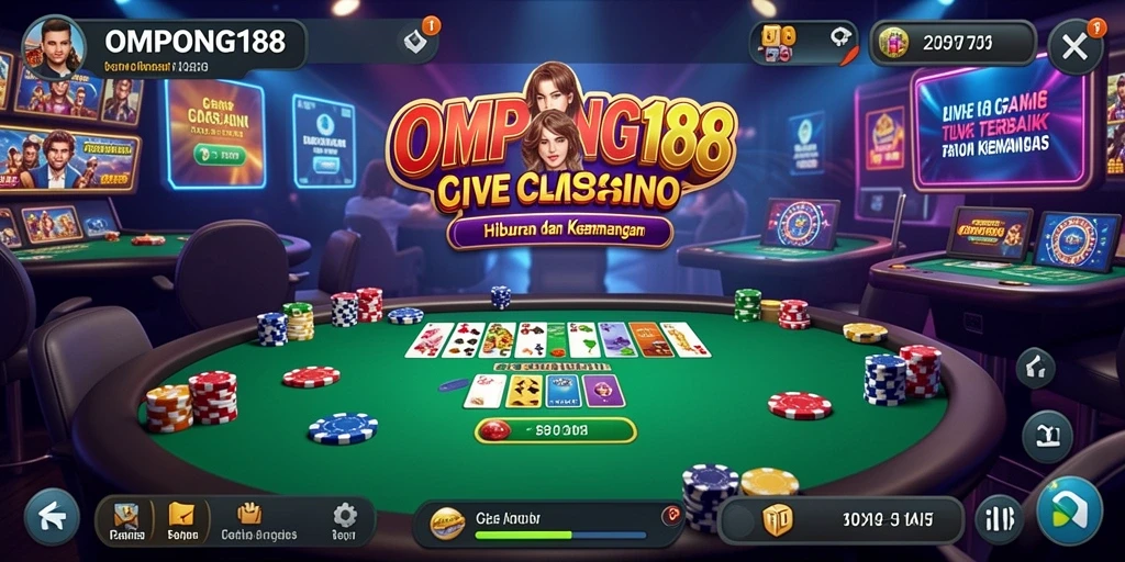 Screenshot gameplay OMPONG188 menampilkan dealer langsung dan suasana kasino yang hidup.