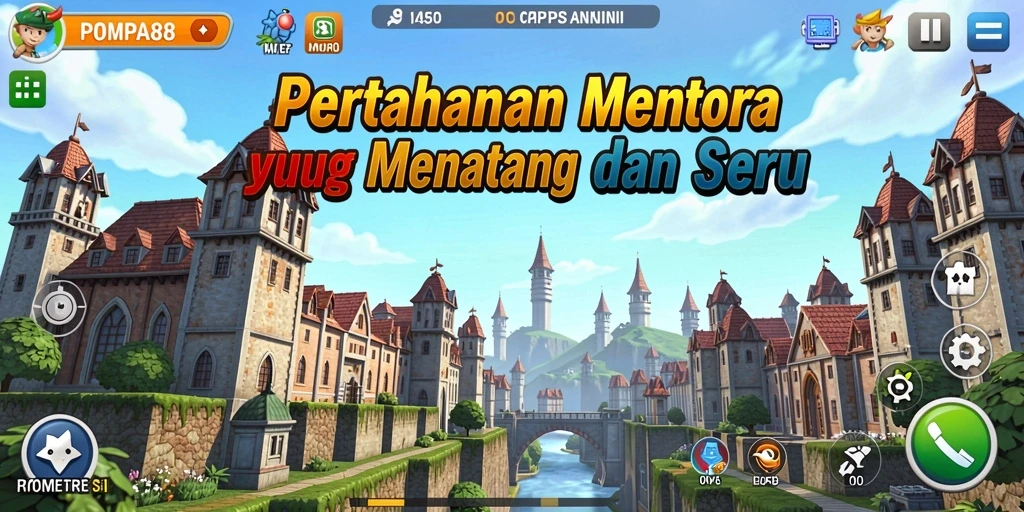 Gameplay seru POMPA88 dengan menara indah dan musuh yang beragam.