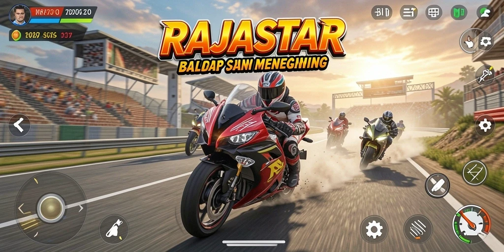 Screenshot utama RAJASTAR dengan tampilan akselerasi motor balap.