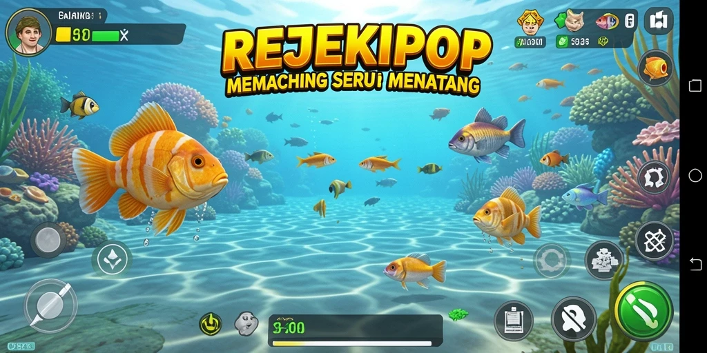 Screenshot gameplay REJEKIPOP menampilkan aksi seru memancing ikan di laut.