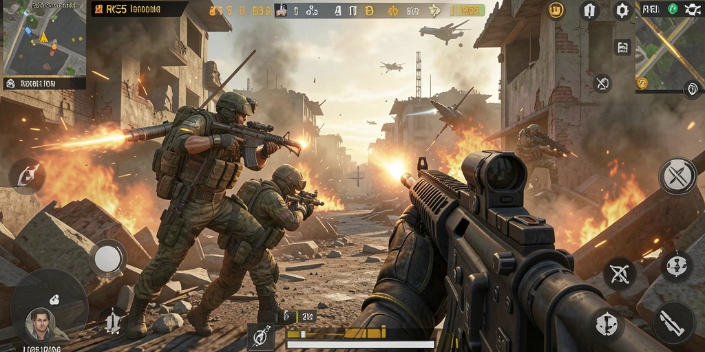 Screenshot utama RK55 menunjukkan aksi seru dalam pertempuran FPS yang intens.