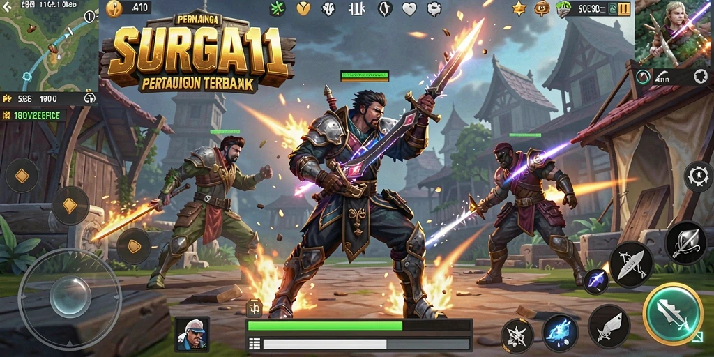 Tampilan gameplay SURGA11 dengan aksi pertempuran seru di medan yang luas.