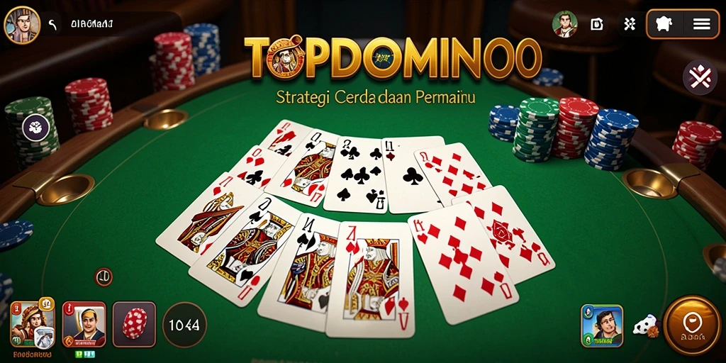 Screenshot utama gameplay TOPDOMINO yang menampilkan pertarungan strategi kartu.