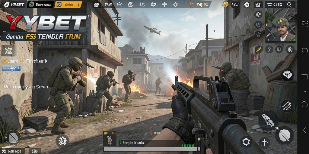 Screenshot gameplay YYBET yang menunjukkan pertempuran intens di dunia FPS.