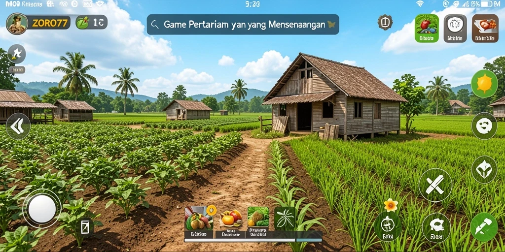 Tampilan gameplay ZORO77 dengan ladang yang subur dan hewan ternak.